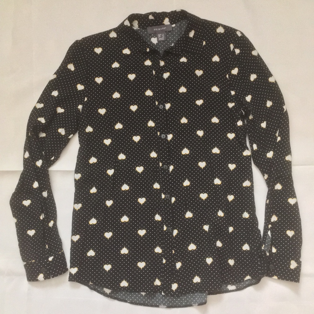 Primark button front shirt Black w/hearts and dots